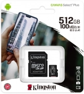 Карта памяти microSD Kingston Canvas Select Plus V30/ 100MBps/ 512GB+ SD adapter