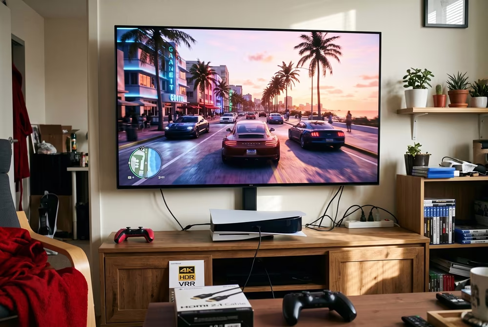 PS5 подключена к 4K-телевизору кабелем HDMI 2.1 с поддержкой VRR