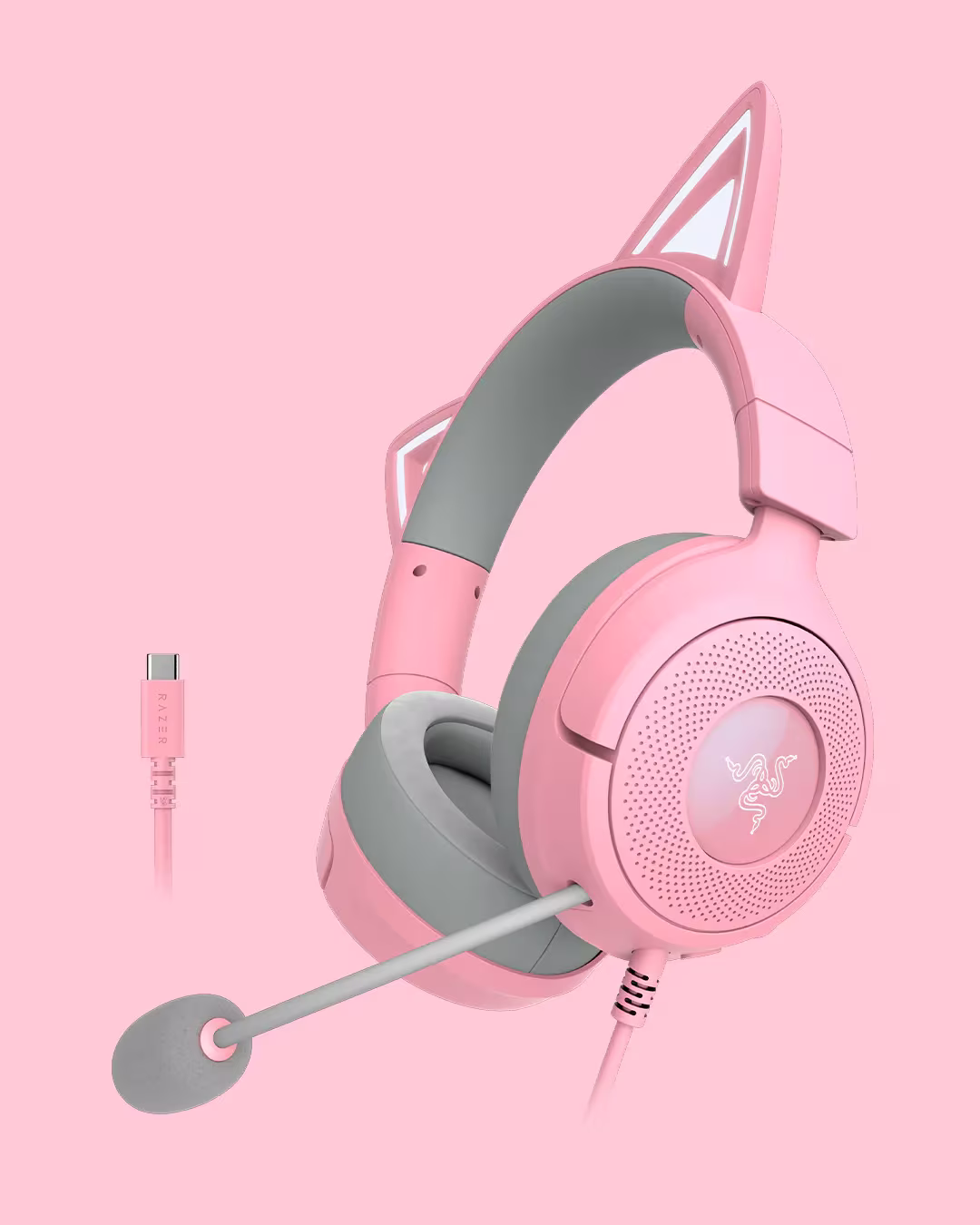 Razer Kraken Kitty V3 Quartz cu cablu fix USB Type-C și microfon flexibil