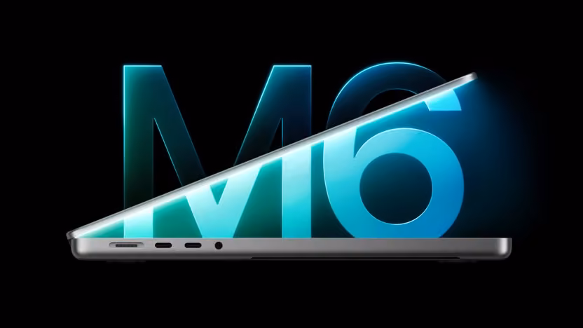 MacBook Pro 14 cu cip M6, întredeschis, pe fundalul logoului M6