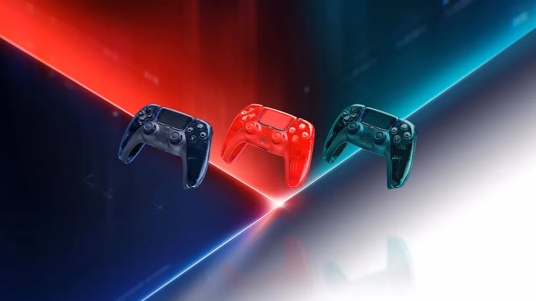 PS5 Prism Collection: controllere DualSense transparente și carcase PS5 în portocaliu, verde și gri