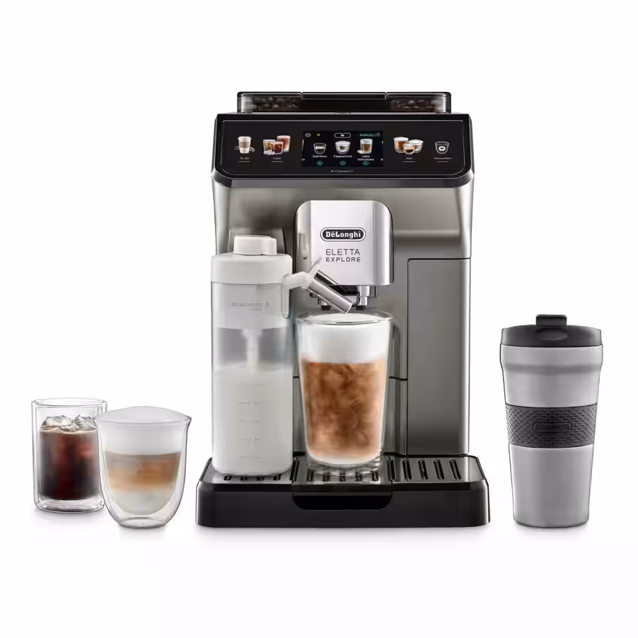 De’Longhi ECAM450.86.T Titanium cu băutură rece și cană de voiaj