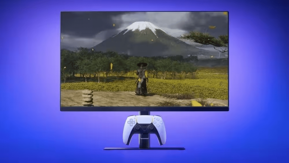 Monitorul de gaming Sony PlayStation 27" pentru PS5, vedere frontala cu DualSense