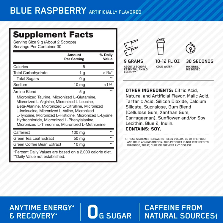 Aminoacizi Optimum Nutrition Essential Amino Energy Blue Raspberry 270g photo 2