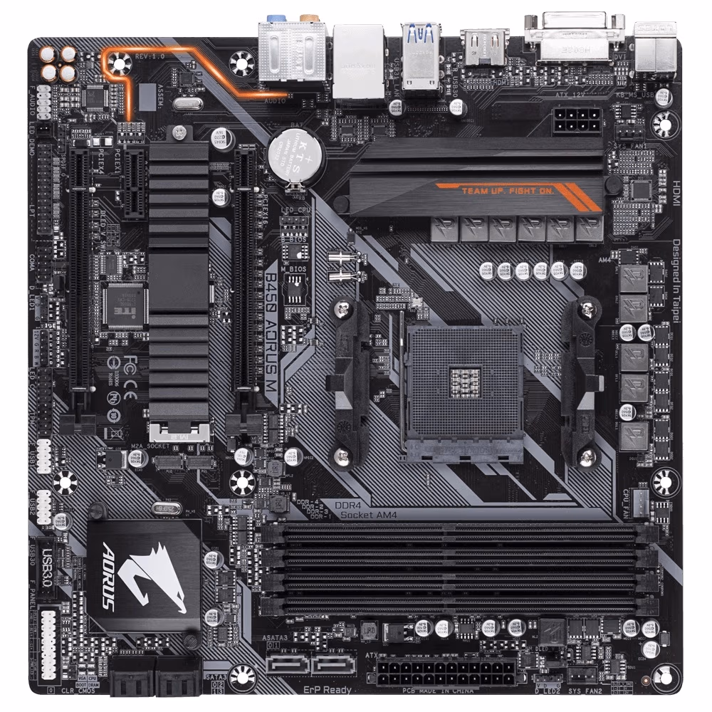 GIGABYTE B450 AORUS M, Socket AM4, AMD B450, Dual 4xDDR4-3600, APU AMD graphics, DVI, HDMI, 2xPCIe X16, 6xSATA3, RAID, 1xM.2, 1xPCIeX1, ALC892 HDA, GbE LAN, 2xUSB3.1Gen2, 6xUSB3.1, RGB Fusion 2.0, mATX