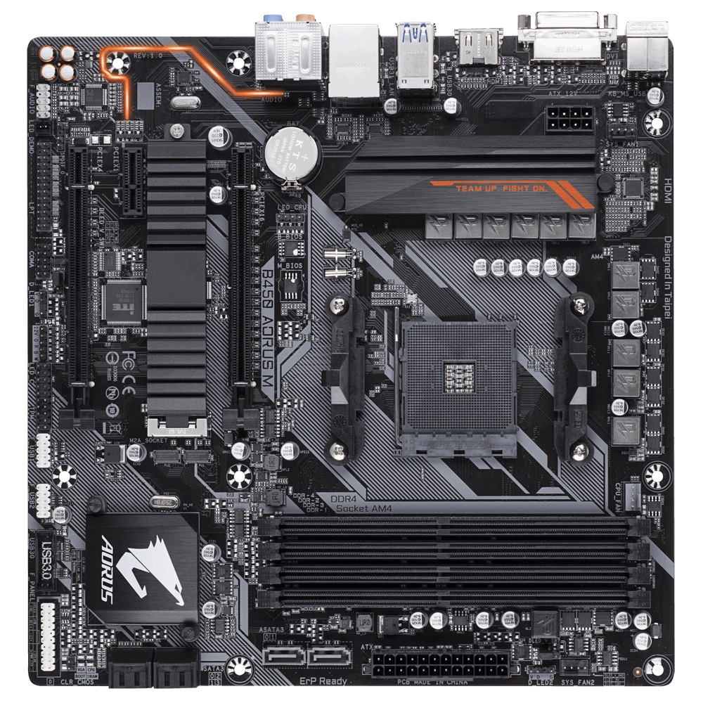 GIGABYTE B450 AORUS M, Socket AM4, AMD B450, Dual 4xDDR4-3600, APU AMD graphics, DVI, HDMI, 2xPCIe X16, 6xSATA3, RAID, 1xM.2, 1xPCIeX1, ALC892 HDA, GbE LAN, 2xUSB3.1Gen2, 6xUSB3.1, RGB Fusion 2.0, mATX photo 1