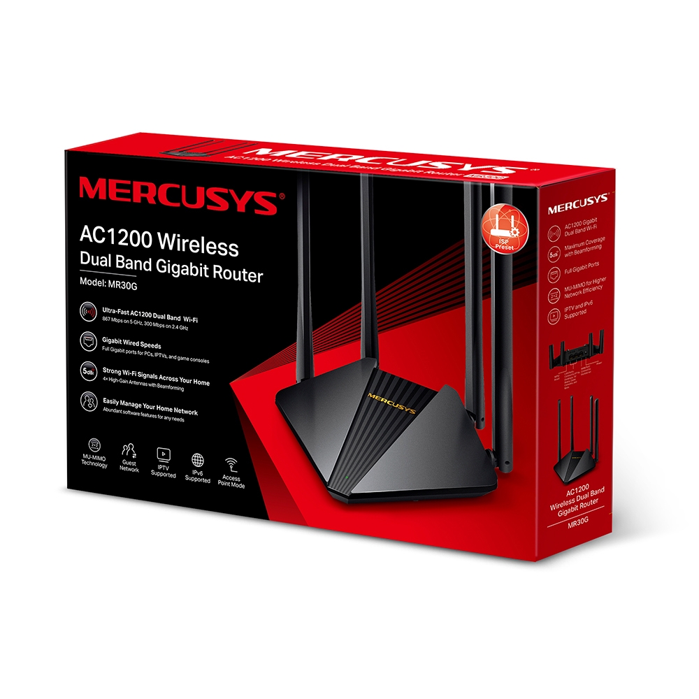 MERCUSYS MR30G  AC1200 Dual Band Wireless Gigabit Router, 867Mbps at 5Ghz + 300Mbps at 2.4Ghz, 802.11ac/a/b/g/n, MU-MIMO, 1 Gigabit WAN + 3 Gigabit LAN, 4 x 5dBi external antennas photo 4