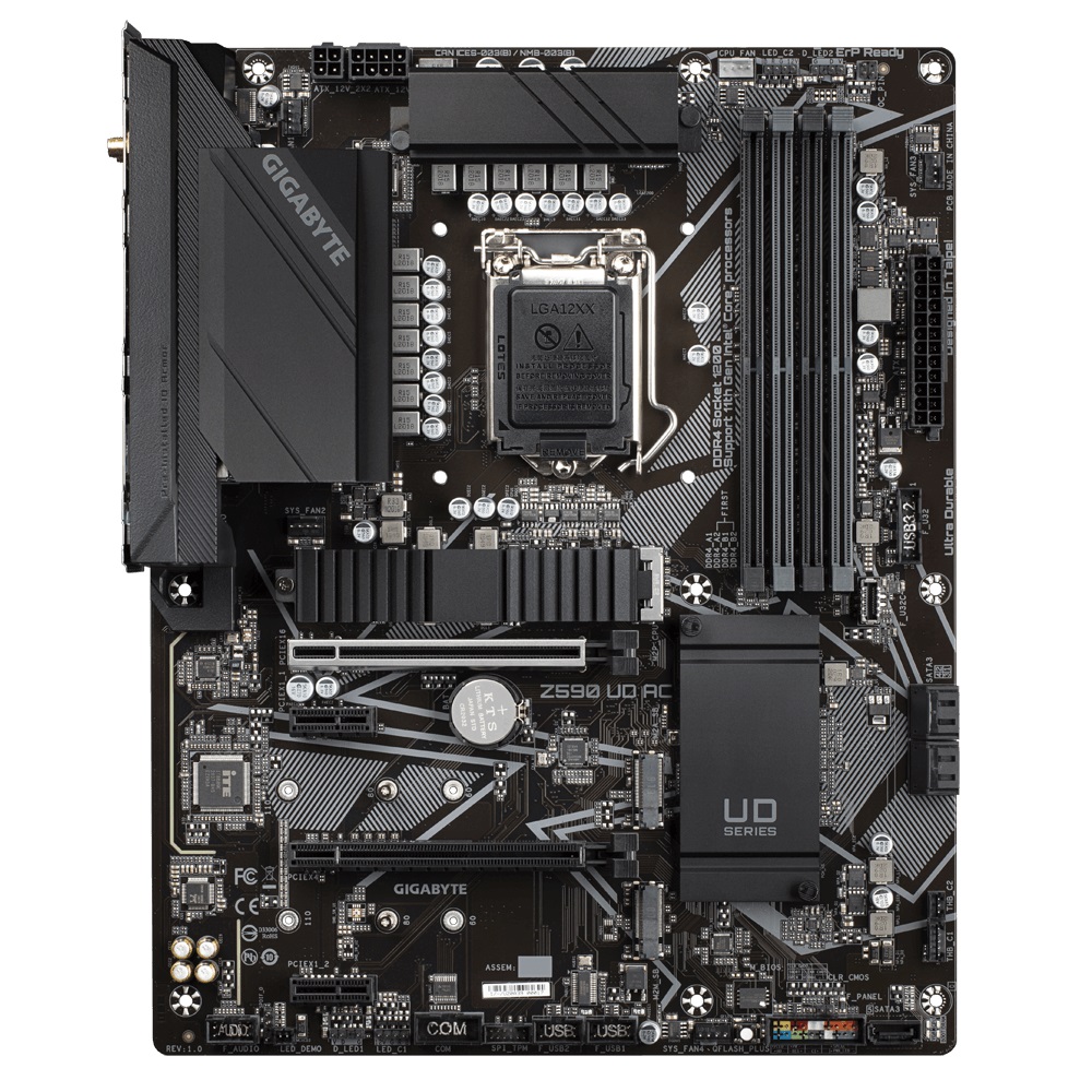 GIGABYTE Z590 UD AC, Socket 1200, Intel® Z590 (11th/10th Gen CPU), CPU graphics, 12+1 Phases, DP, Dual 4xDDR4-5333, 2xPCIe X16 4.0, 5xSATA3, RAID, 3xM.2 4.0, 2xPCIe X1, ALC1200, 2.5GbE LAN, WiFi ac, 2xUSB3.2 Gen2, 7xUSB3.2(6A+1C), RGB Fusion 2.0, ATX photo 1