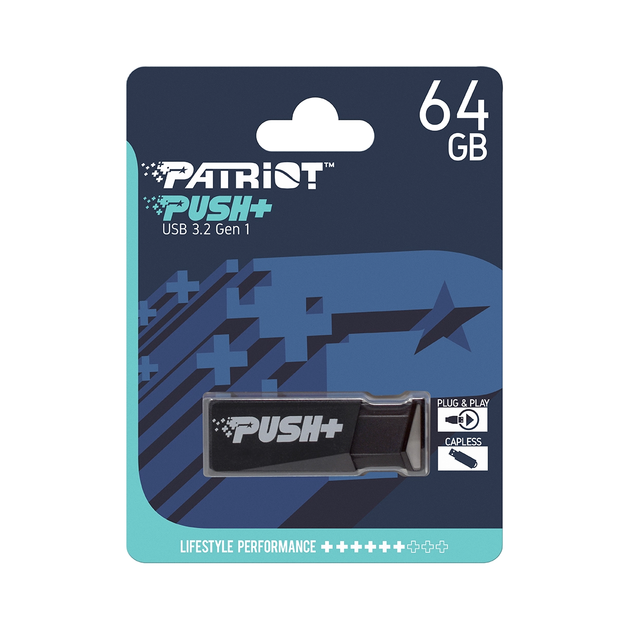 64GB USB3.2 Patriot PUSH+ Black, Capless design, Light weight of 10g (Read 45 MByte/s, Write 18 MByte/s)