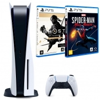 Game Console Sony PlayStation 5 (Disc Version) + 2 * Games (Ghost of Tsushima + Spider Man Miles Morales) White, 1 x Gamepad (Dualsense)