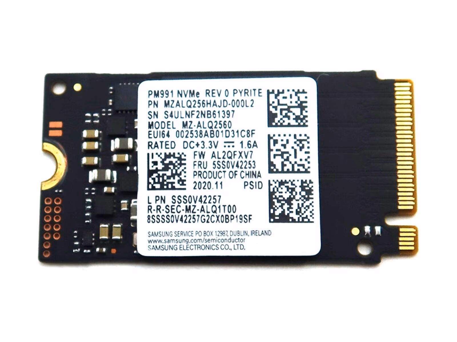 M.2 NVMe SSD 256GB  Samsung  PM991, Interface: PCIe3.0 x4 / NVMe1.3, M2 Type 2242 form factor, Sequential Read: 2050 MB/s, Sequential Write: 1000 MB/s, Max Random 4k: Read / Write: 64K IOPS/220K IOPS, Samsung Phoenix controller, V-NAND TLC, Bulk