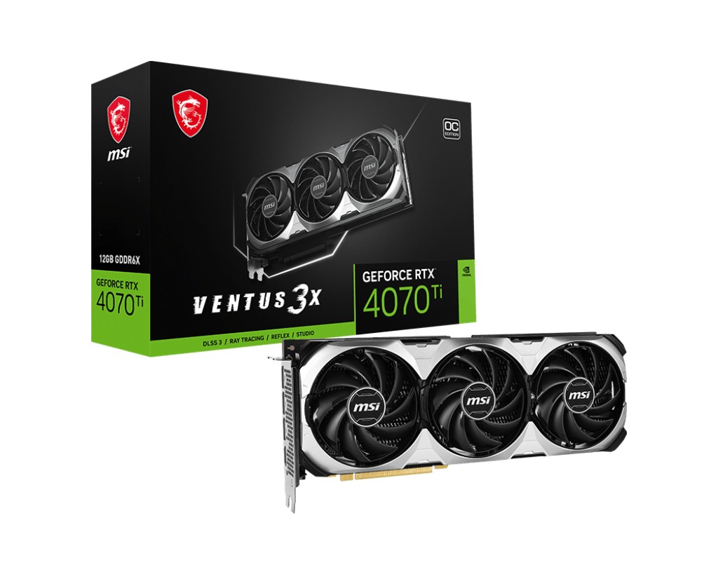 MSI GeForce RTX 4070 Ti VENTUS 3X E 12G OC / 12GB GDDR6X 192Bit 2640/21000Mhz, Ada Lovelace/ DLSS3, PCIeX16 4.0, 1xHDMI, 3xDP, TRIPLE Fan Thermal Design: TORX Fan 4.0/Zero Frozr/Core Pipe/Cooper Baseplate/Fin+AirflowControl, Double Ball Bearing, Metal Bac photo 1