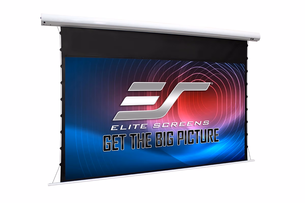Elite Screens 100"(16:9) 222x125cm Saker Electric Projector Screen Premium, TopDrop 60cm, White, MaxWhite™ Fibreglass, Extra top black masking border for high ceiling installations, Flush hidden wall mounts 