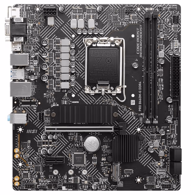 MSI PRO B660M-G DDR4, Socket 1700, Intel® B660 (13/12th Gen CPU), CPU graphics, VGA, HDMI, DP, Dual 2xDDR4-4600, 1xPCIe X16 4.0, 4xSATA3, RAID, 2xM.2 4.0, 1xPCIe X1, ALC897 HDA 7.1, 1x2.5GbE LAN, 6xUSB3.2, RGB Led, mATX 