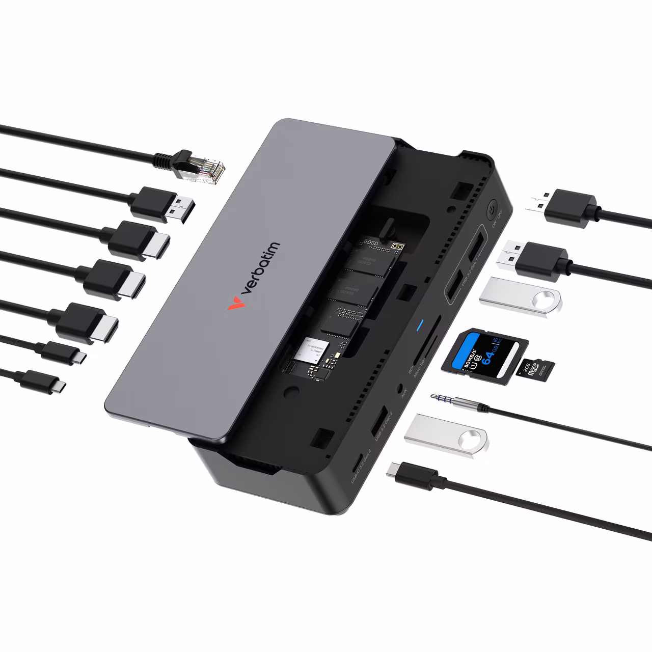 Док-станция Verbatim Pro / 15 портов / NVMe 256GB / 8K HDMI / USB 10Ggps / USB-C 100W