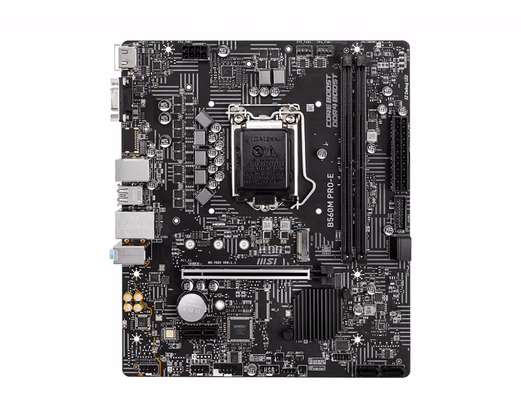 MSI B560M PRO-E, Socket 1200, Intel® B560 (11/10th Gen CPU), Dual 2xDDR4-4800, CPU Intel graphics, VGA, HDMI, 1xPCIe X16 4.0, 4xSATA3, 1xM.2 slot, 1xPCIeX1, ALC897 HDA, 1xGbE LAN, 4xUSB3.2, mATX 