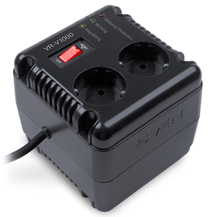 SVEN VR-V1000, 500W, Automatic Voltage Regulator, 2x Schuko outlets+1x ІЕС 320, Input voltage: 184-285V, Output voltage: 230V ± 10%, diod indicators on the front panel, plastic body, Black photo 2
