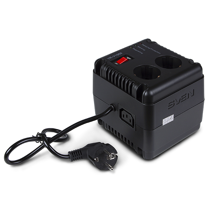 SVEN VR-V1000, 500W, Automatic Voltage Regulator, 2x Schuko outlets+1x ІЕС 320, Input voltage: 184-285V, Output voltage: 230V ± 10%, diod indicators on the front panel, plastic body, Black photo 5