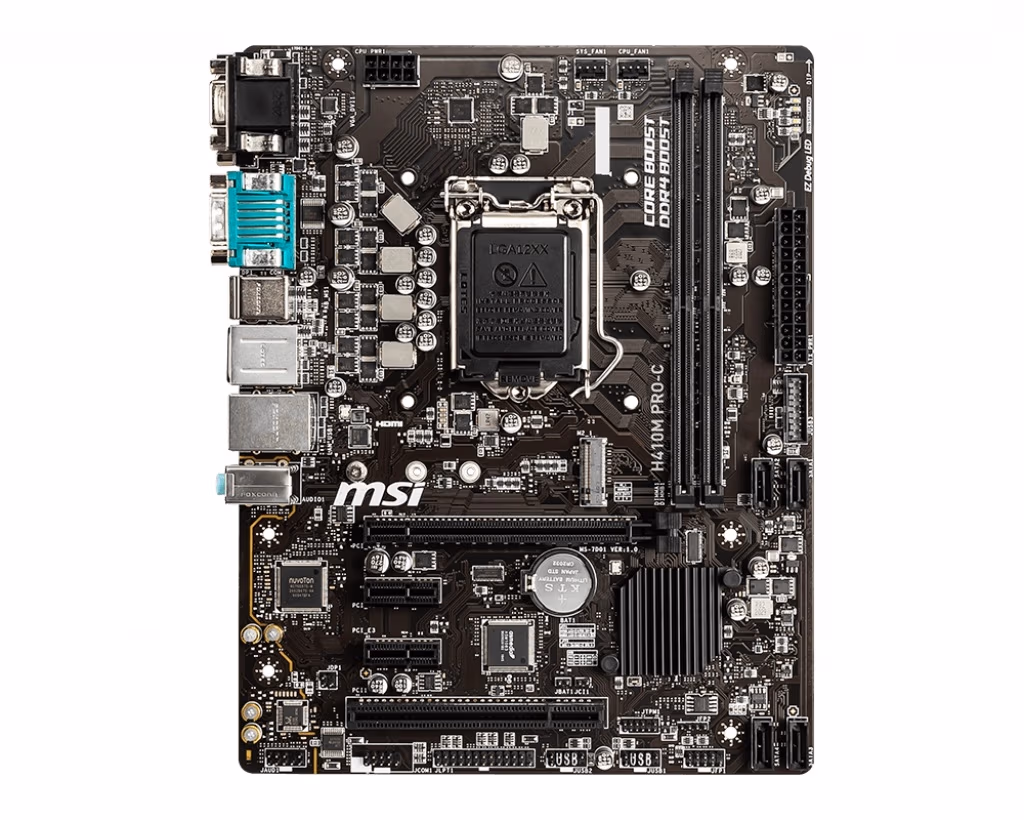 MSI H410M PRO-C, Socket 1200, Intel® H410 (10th Gen CPU), Dual 2xDDR4-2933, CPU Intel graphics, VGA, DVI, HDMI, DP, 1xPCIe x16, 4xSATA3, 1xM.2, 2xPCIe x1, 1xPCI, 1xCOM, ALC892 HDA, 1xGbE LAN, 4xUSB3.2, mATX, Bulk (OEM) 