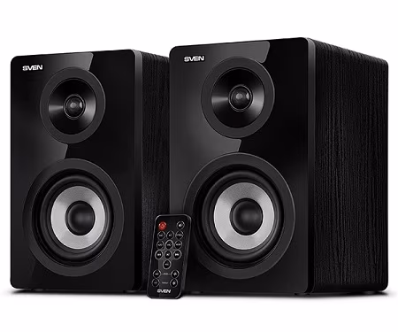 SVEN SPS-750 Black, 2.0 / 2x25W RMS, Bluetooth, Optical input, remote control, headphone jack, glossy black front panels, wooden, (4