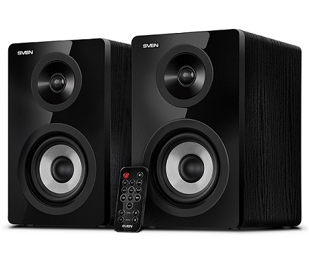 SVEN SPS-750 Black, 2.0 / 2x25W RMS, Bluetooth, Optical input, remote control, headphone jack, glossy black front panels, wooden, (4"+1") photo 1