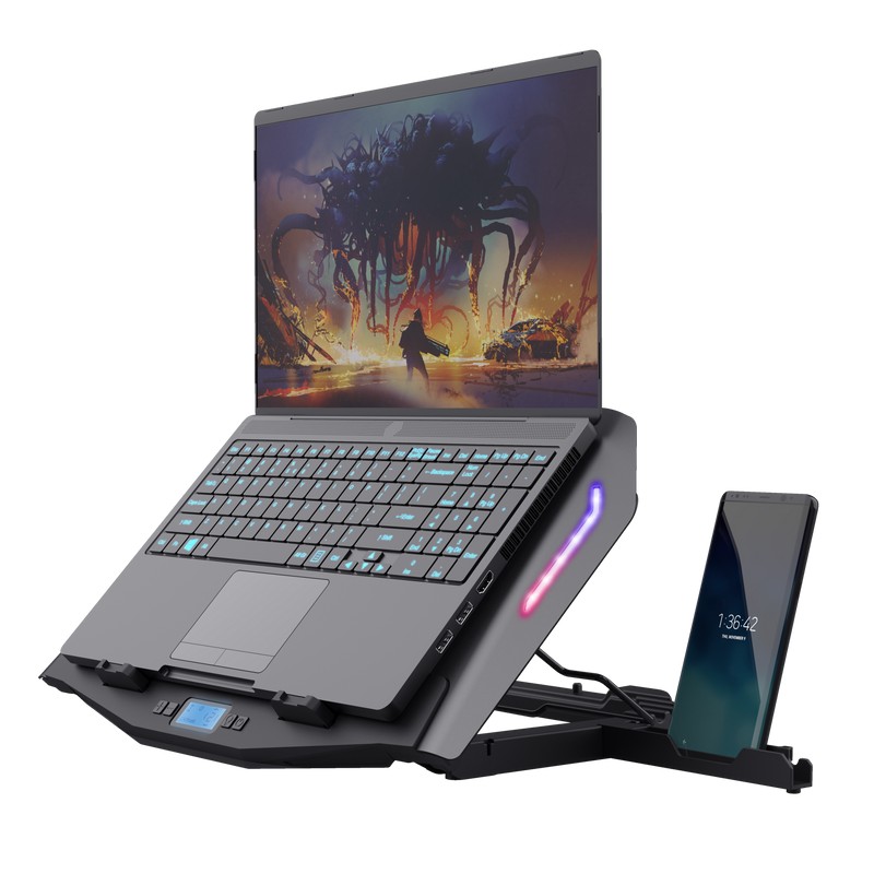 Trust Gaming GXT 1127 YOOZY Multicolour-illuminated laptop cooling stand with two large fans and adjustable height, up to 17.3”, LCD, 2x140 mm silent cooling fans, detachable phone stand, Full RGB, Black photo 1