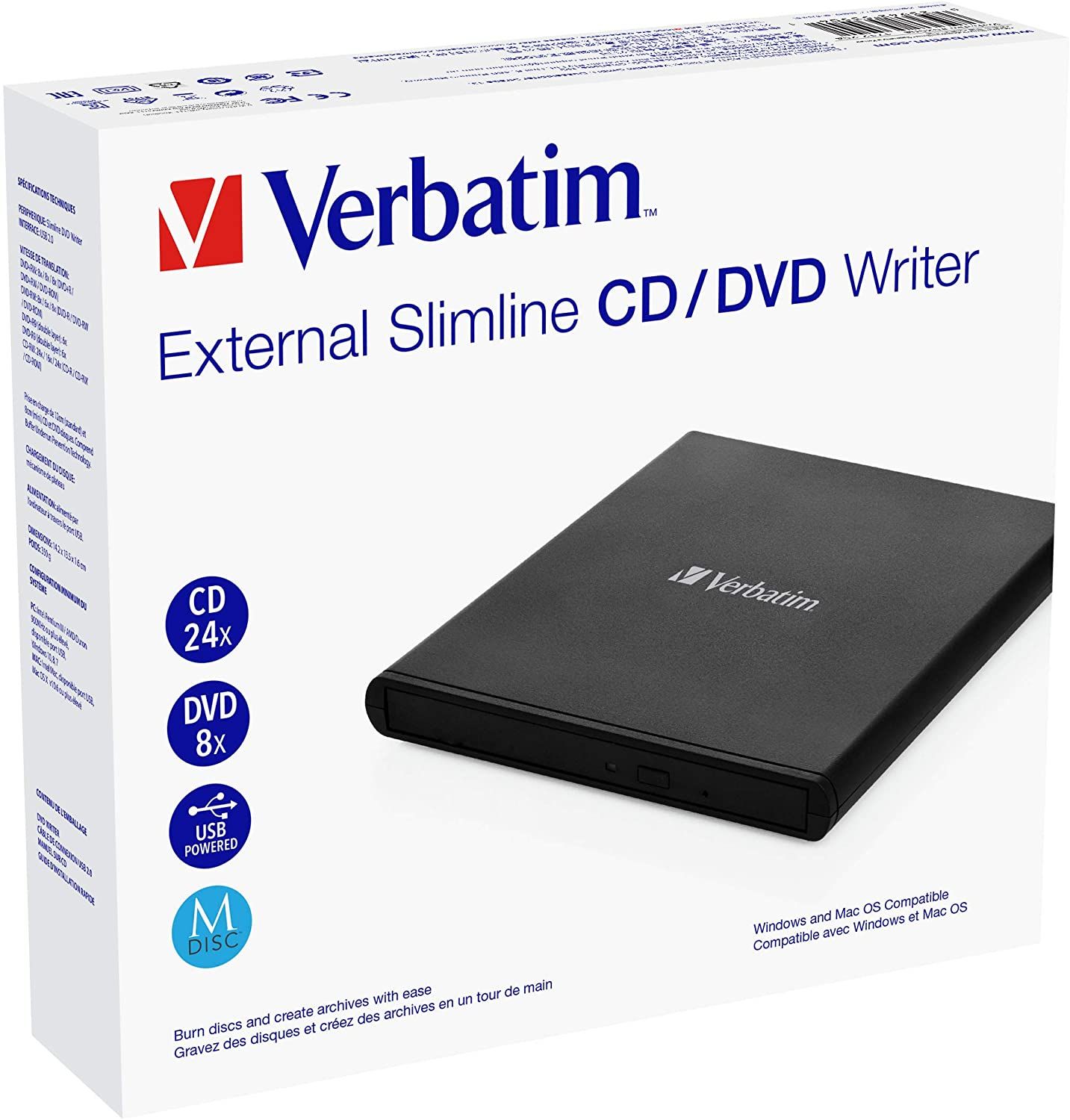 External Slimline CD/DVD Writer VERBATIM, Light Version, Portable Slim -14mm, Super-Multi CDR/RW +24x/-24x, DVDR+8x/-8x, RW+6x/-6x, DL+6x, RAM 5x, miniDVD, M-DISC, USB2.0, 2xUSB ports needed, Black, Retail (53504) photo 2