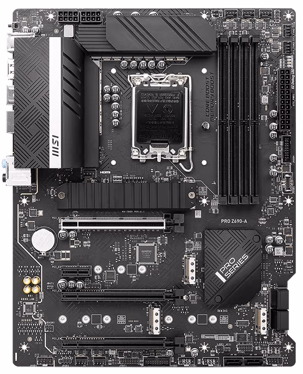 MSI PRO Z690-A , Socket 1700, Intel® Z690 (12th Gen CPU), CPU graphics, HDMI, DP, Dual 4xDDR5-6400, 3xPCIe X16 5.0, 6xSATA3, RAID, 4xM.2 4.0, 1xPCIe X1, ALC897 HDA 7.1, 2.5GbE LAN, 1xUSB-C3.2Gen2x2,2xUSB3.2Gen2(A+C), 6xUSB3.2, RGB Mystic Light, ATX 