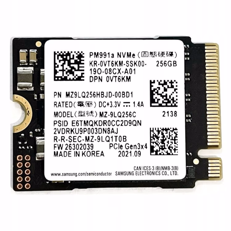 M.2 NVMe SSD 256GB  Samsung  PM991a, Interface: PCIe3.0 x4 / NVMe1.3, M2 Type 2242 form factor, Sequential Read: 3100 MB/s, Sequential Write: 1300 MB/s, Max Random 4k: Read / Write: 64K IOPS/220K IOPS, Samsung Phoenix controller, V-NAND TLC, Bulk