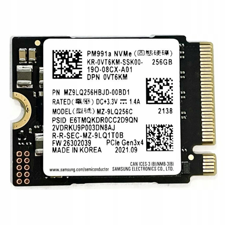 M.2 NVMe SSD 256GB  Samsung  PM991a, Interface: PCIe3.0 x4 / NVMe1.3, M2 Type 2242 form factor, Sequential Read: 3100 MB/s, Sequential Write: 1300 MB/s, Max Random 4k: Read / Write: 64K IOPS/220K IOPS, Samsung Phoenix controller, V-NAND TLC, Bulk photo 1