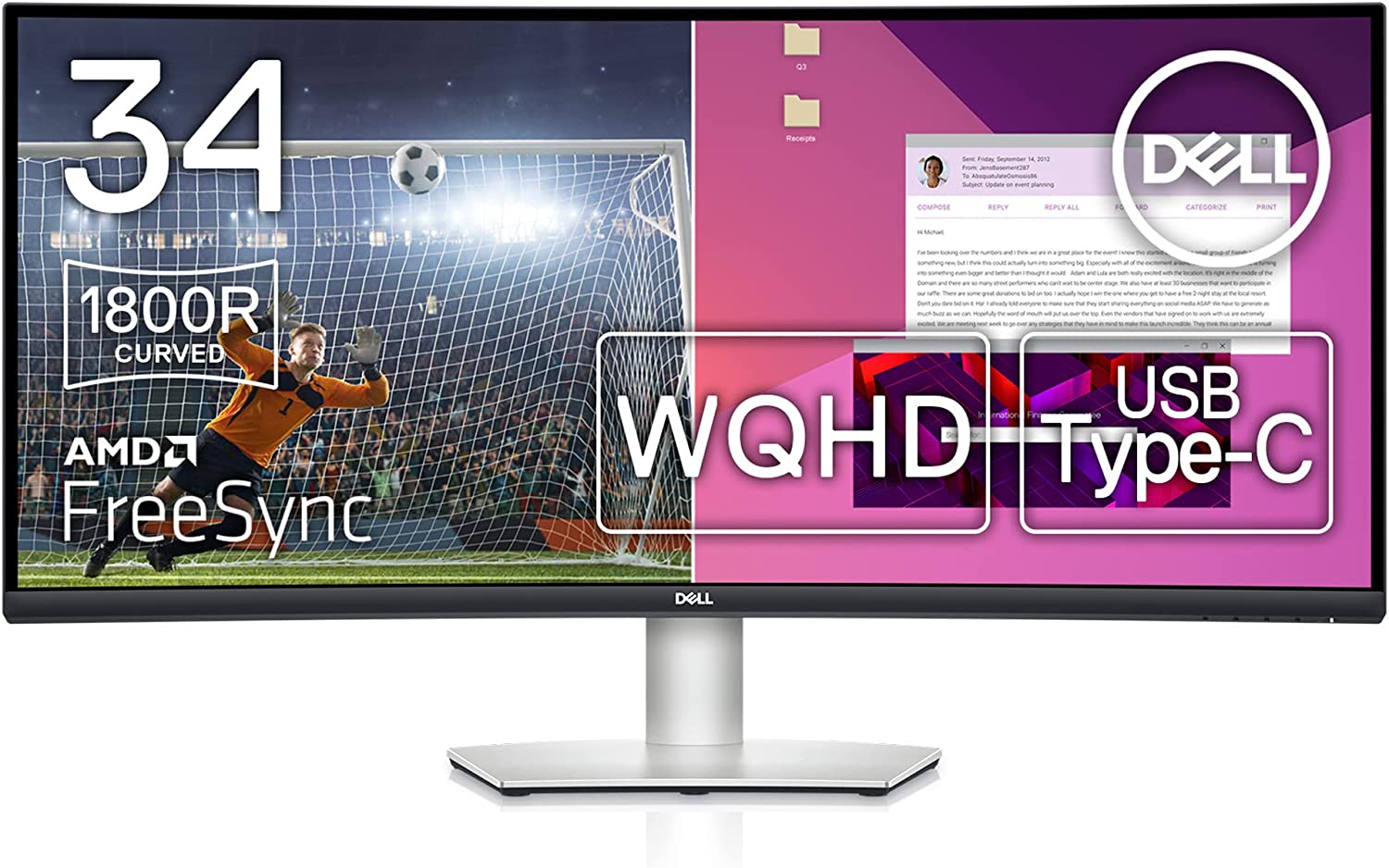 34.0" Монитор DELL S3423DWC / Curved  / 21:9 / 4K / 100Hz / Black/Silver photo 1