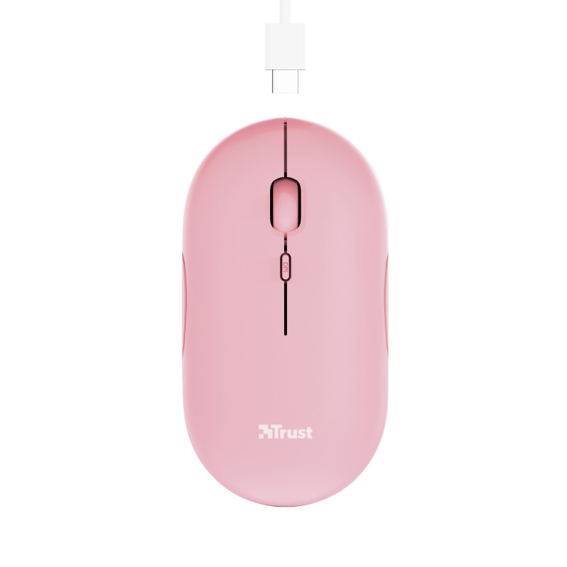 Trust Puck Rechargeable Bluetooth Wireless Mouse, Silent Click, Bluetooth, 2.4GHz, Nano receiver, 800/1200/1600 dbi, USB, Pink photo 1