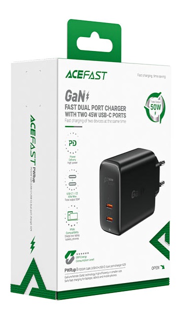 USB Charger  ACEFAST A29, Dual port, 2 x USB-C, GaN PD50W, USB-C 1/2: 45W, Total output: 50W (max.), PD3.0, QC4.0, Black photo 4