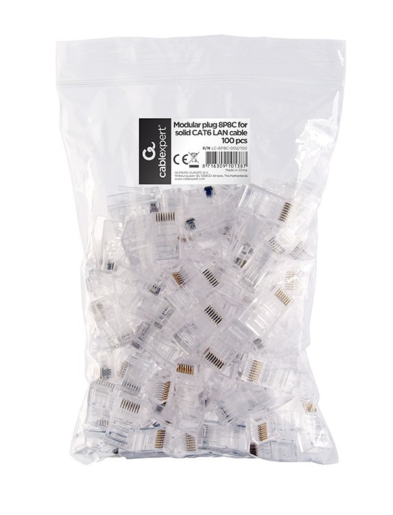 RJ45 Modular Plug LC-8P8C-002/100, Modular plug 8P8C for solid CAT6 LAN cable, 30u” gold plated, 100 pcs/bag photo 3