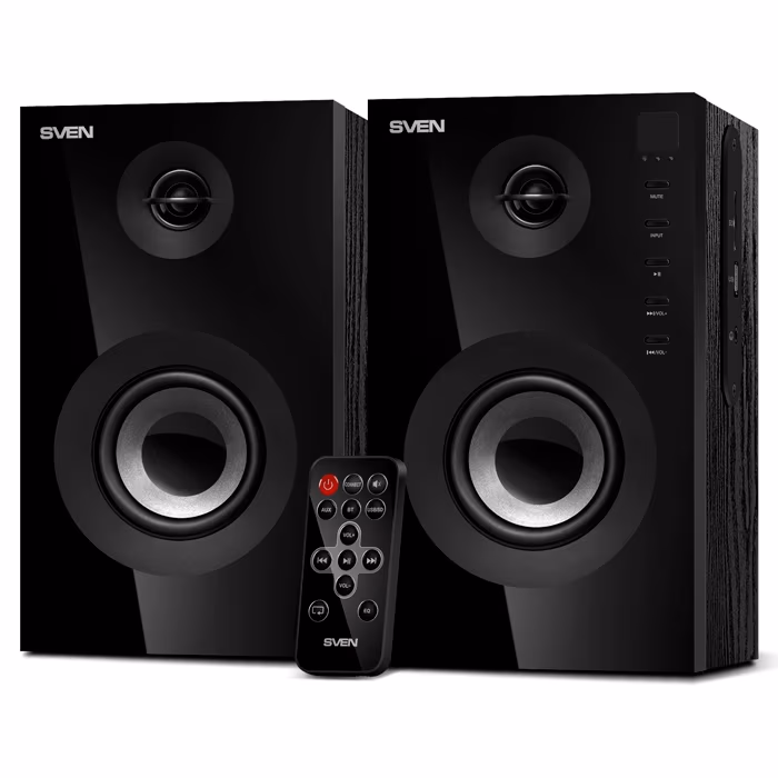 SVEN SPS-615 Black, 2.0 / 2x10W RMS, Bluetooth v. 2.1 +EDR, USB flash, SD card, remote control, Headphone input, glossy black front panels, wooden.