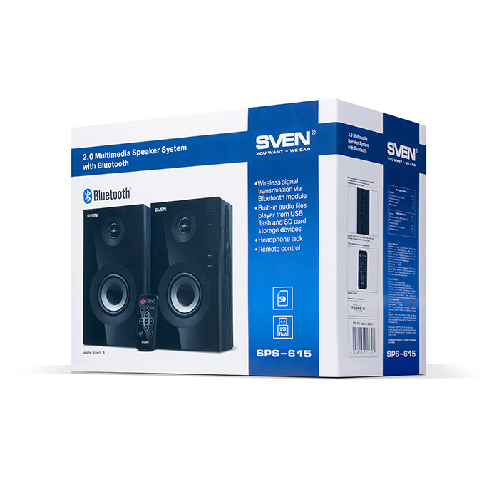 SVEN SPS-615 Black, 2.0 / 2x10W RMS, Bluetooth v. 2.1 +EDR, USB flash, SD card, remote control, Headphone input, glossy black front panels, wooden. photo 3