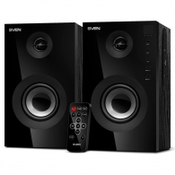 SVEN SPS-615 Black, 2.0 / 2x10W RMS, Bluetooth v. 2.1 +EDR, USB flash, SD card, remote control, Headphone input, glossy black front panels, wooden. thumbnav 1