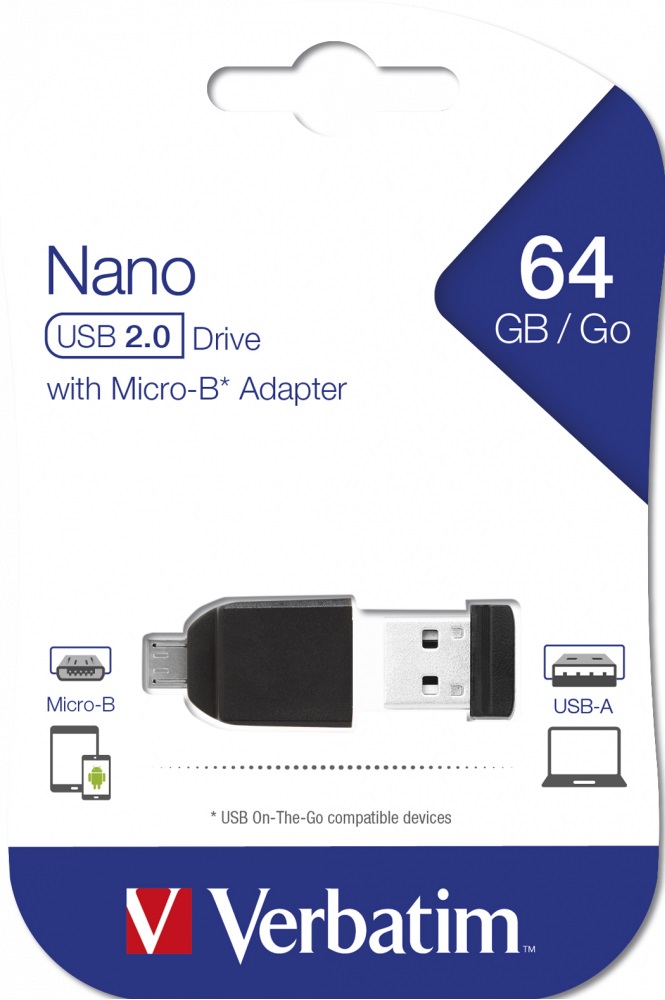 64GB USB2.0 Verbatim NANO USB with Micro USB (OTG) Adapter, Black, Ultra-small, (Read 30 MByte/s, Write 25 MByte/s) photo 6