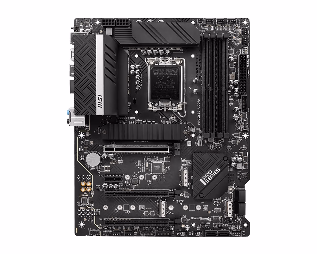 MSI PRO Z690-A DDR4, Socket 1700, Intel® Z690 (12th Gen CPU), CPU graphics, HDMI, DP, Dual 4xDDR4-5200, 3xPCIe X16 5.0, 6xSATA3, RAID, 4xM.2 4.0, 1xPCIe X1, ALC897, 2.5GbE LAN, 2xUSB-C+1A 3.2Gen2, 6xUSB3.2, RGB Mystic Light, ATX 