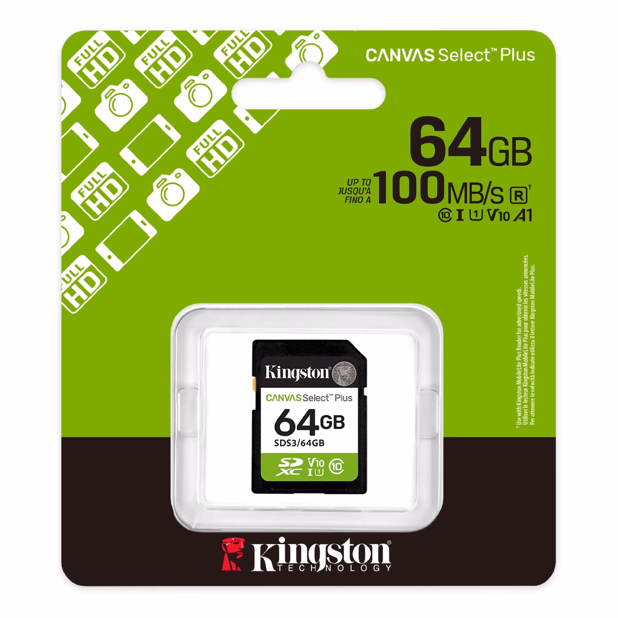Карта памяти SD  64GB Kingston Canvas Select Plus, 150MB/s