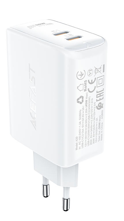USB-зарядное устройство ACEFAST A29 / 2 x USB-C / GaN PD50W / USB-C 1/2: 45W / QC4.0 / White photo 2