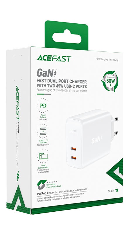 USB-зарядное устройство ACEFAST A29 / 2 x USB-C / GaN PD50W / USB-C 1/2: 45W / QC4.0 / White photo 3