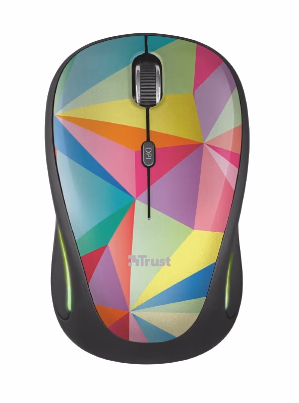 Trust Yvi FX Wireless Mouse - Geometrics, LED illumination in continuously changing colours, 8m 2.4GHz, Micro receiver, 800-1600 dpi, 4 button, Rubber sides for comfort and grip, USB