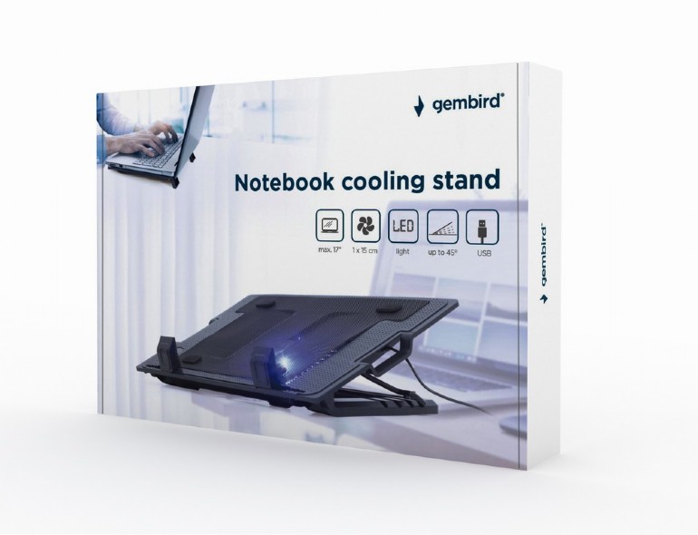Gembird NBS-1F17T-01, Notebook cooling stand with height adjustment, up to 17”, LED backlight in fans, Large 12 cm cooling fan, 11500 RPM (± 10 %) noise 10 dBA, Black photo 5