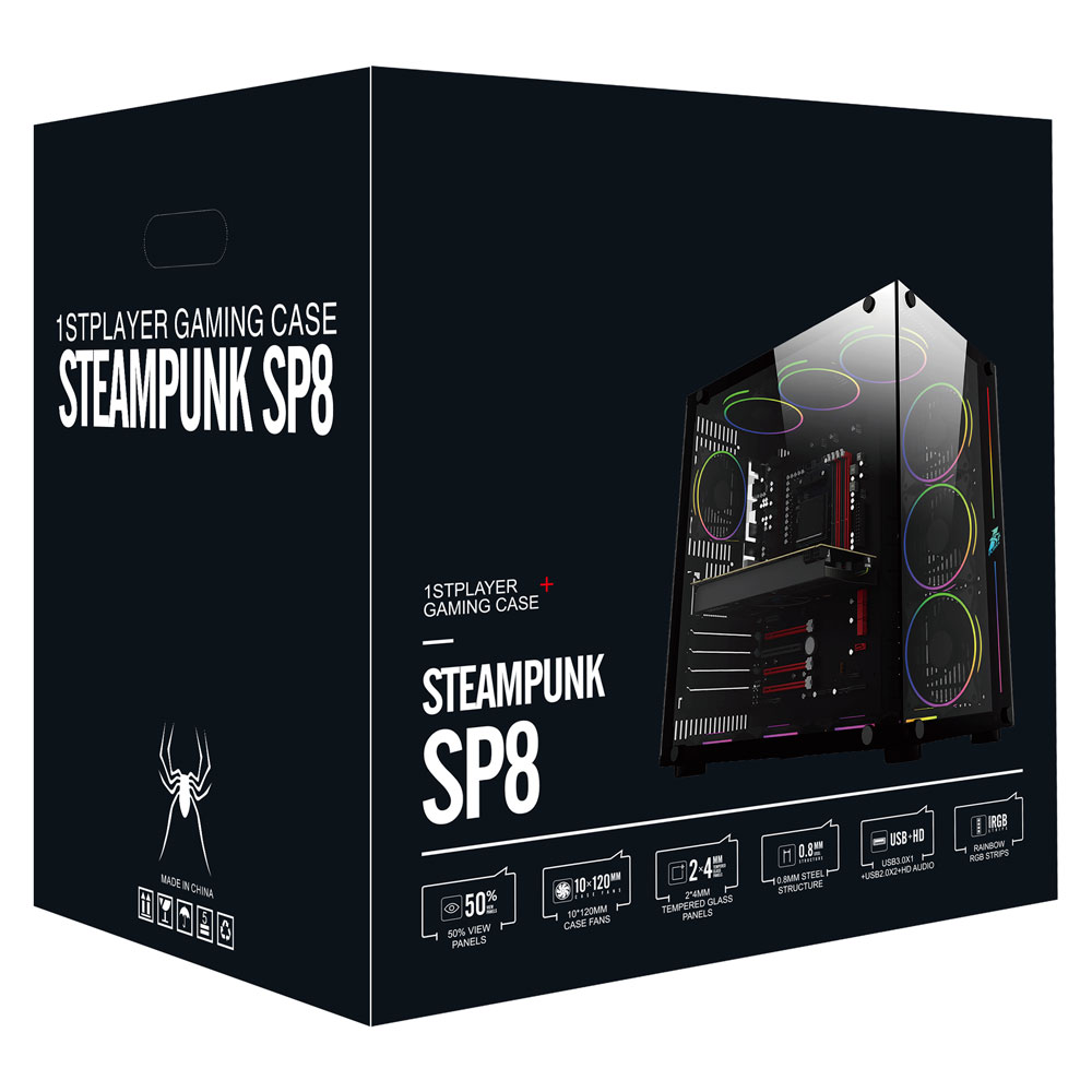 Carcasa Gaming 1STPLAYER SP8 / no PSU / Side-Window / 7x120mm / ATX / Black photo 4