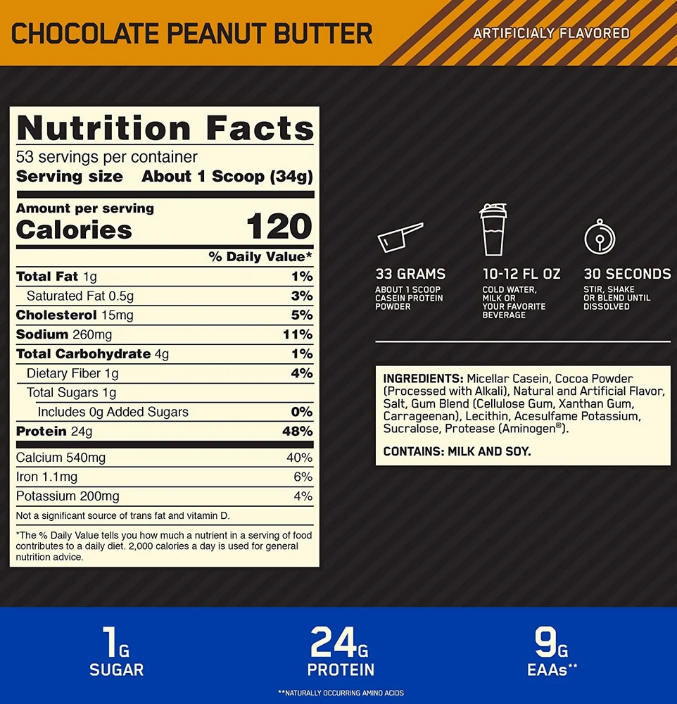 Cazeina Optimum Nutrition ON 100% CASEIN GS CHOC PB 1.87LB/847 g photo 3