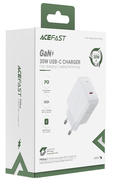 USB Charger  ACEFAST A21, Single port, USB-C, GaN PD30W, Total output: 30W, QC3.0, White photo 4