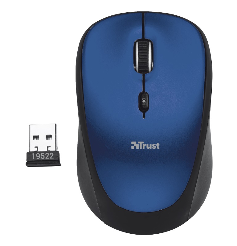 Trust Yvi Wireless Mouse - Blue, 8m 2.4GHz, Micro receiver, 800-1600 dpi, 4 button, Rubber sides for comfort and grip, USB photo 1