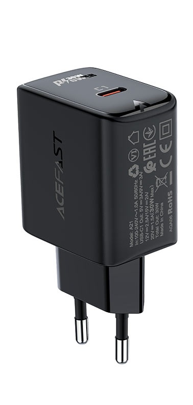 USB Charger  ACEFAST A21, Single port, USB-C, GaN PD30W, Total output: 30W, QC3.0, Black photo 1