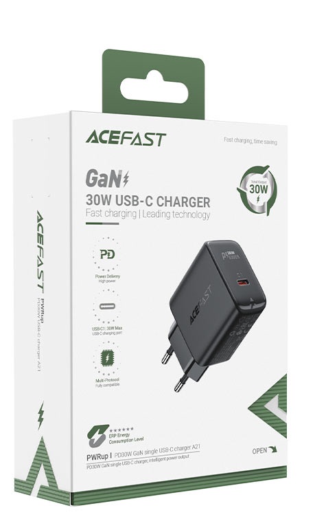 USB Charger  ACEFAST A21, Single port, USB-C, GaN PD30W, Total output: 30W, QC3.0, Black photo 4